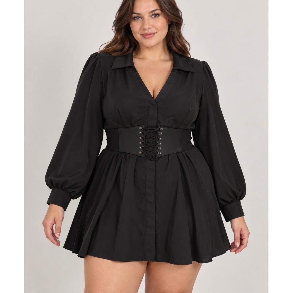 Shein Curve Black Long Sleeve Mini Dress with Corset Belt 3XL Plus Size Goth